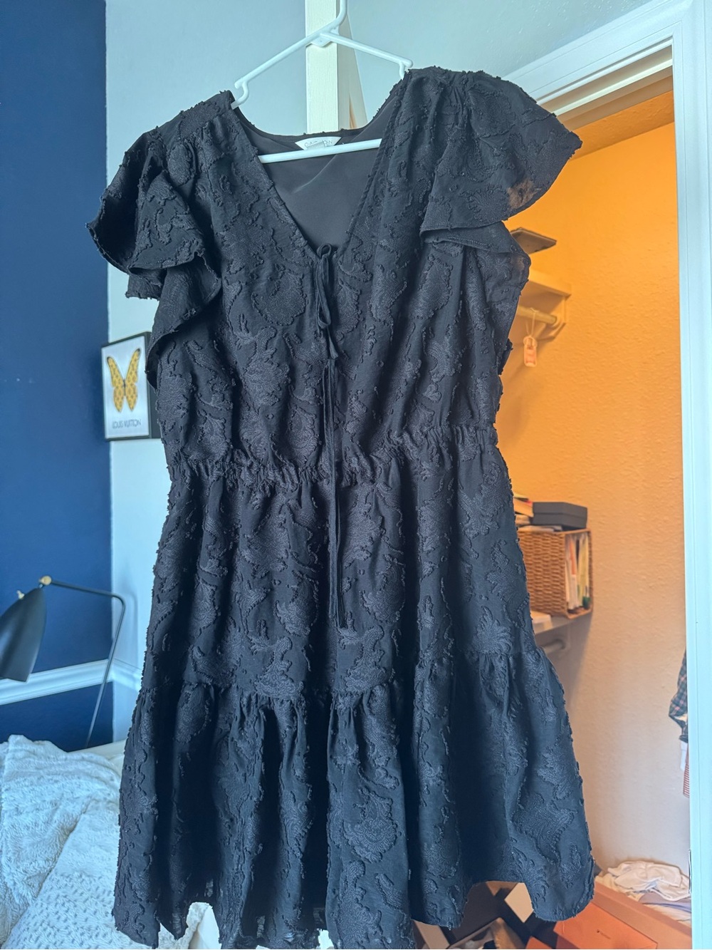 Black Lace Tiered V-Neck Women's Dress